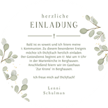 Runde Einladungskarte Kommunion Eukalyptus Ichthys Rückseite