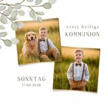 Einladungskarte Eukalyptuszweige Goldkleckse Kommunion 2