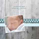 Taufeinladung Foto und Holzherz blaue Bänder 2