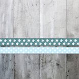 Taufeinladung Foto und Holzherz blaue Bänder Rückseite