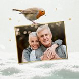 Weihnachtskarte Rotkehlchen im Schnee mit Foto 2