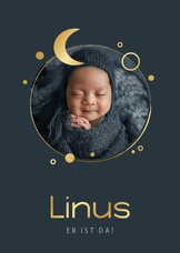 Babykarte nachtblau Foto & Mond in Gold