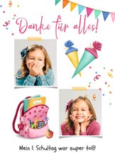 Dankeskarte Einschulung Rucksack pink & Fotos