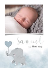 Dankeskarte Geburt Foto und Elefant blauer Luftballon