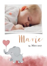 Dankeskarte Geburt Foto und Elefant rosa Luftballon