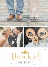 Dankeskarte Hochzeit mit 3 Fotos und goldener Schrift