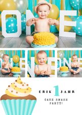 Einladung 1. Geburtstag Fotos & Cupcake blau