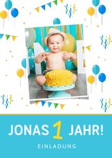 Einladung Kindergeburtstag Luftballons, Konfetti und Foto