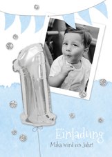 Einladung zum 1. Geburtstag blau Silberballon und Foto 
