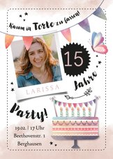 Einladung zum 15. Geburtstag Wasserfarbe und Torte mit Foto