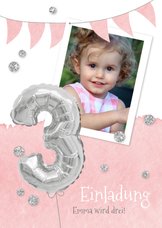 Einladung zum 3. Geburtstag mit Foto und Silberballon