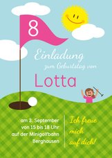 Einladung zum Golf-Kindergeburtstag pink