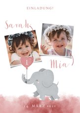 Einladung zum Kindergeburtstag Aquarellrosa für Zwillinge 