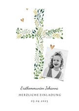 Einladung zur Kommunion Foto und Kreuz botanisch