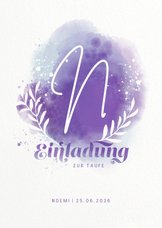 Einladung zur Taufe mit Wasserfarbe & Initialen violett