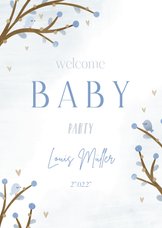 Einladung zur Welcome-Baby-Party blaue Zweige und Vögel
