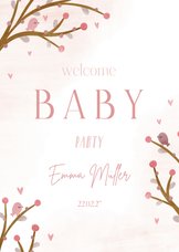 Einladung zur Welcome-Baby-Party rosa Zweige und Vögel