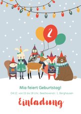 Einladungskarte Kindergeburtstag Wintertiere mit Luftballons