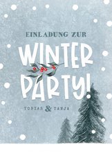 Einladungskarte Winterparty Schnee & Tannen