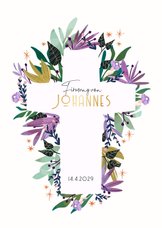 Einladungskarte zur Firmung mit Blumen und Kreuz