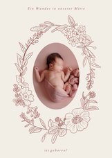Geburtskarte Foto in Blumenkranz rosé