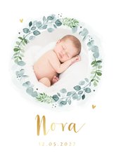 Geburtskarte mit Foto in Kranz botanisch