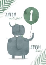 Geburtstagskarte Elefanten mit grünem Luftballon