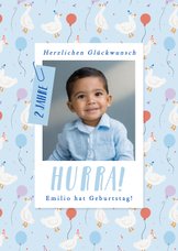 Geburtstagskarte hellblau Gänse mit Luftballons & Foto