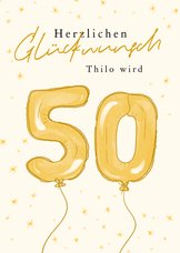Gelbe Geburtstagskarte Luftballon '50'