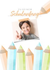Glückwunschkarte orange Schulanfang Foto & Buntstifte
