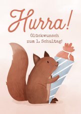 Glückwunschkarte rosé Schulanfang Eichhörnchen