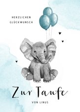 Glückwunschkarte Taufe Elefant blaue Ballons