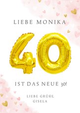 Glückwunschkarte zum 40. Geburtstag rosa mit Zahlenballon