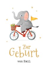 Glückwunschkarte zur Geburt Elefant auf Fahrrad