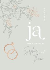 Hochzeitskarte Einladung Blüten & Ringe kupfer