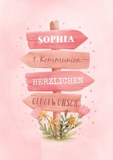 Karte Glückwunsch Kommunion Wegweiser & Blumen