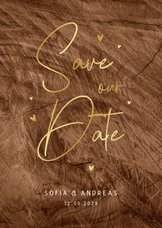Karte 'Save our Date' Goldschrift auf Holz