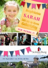 Kindergeburtstag Einladung Schloss Burg Wupper blau-rosa