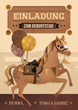 Kindergeburtstagseinladung braunes Pferd mit Luftballons