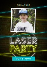 Lasertag Kindergeburtstag Einladung gelb mit Foto