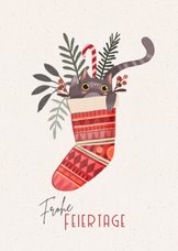 Lustige Weihnachtskarte Katze in Socke