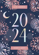 Moderne Neujahrskarte 2024 Mond & Feuerwerk