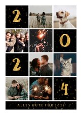 Neujahrskarte mit kleinen Fächern, Fotos und goldener 2024