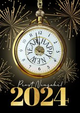 Neujahrskarte Uhr und Feuerwerk