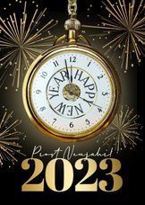 Neujahrskarte Uhr und Feuerwerk