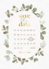 Save-the-Date-Hochzeitskarte Gold & Eukalyptuskranz
