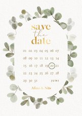 Save-the-Date-Hochzeitskarte Gold & Eukalyptuskranz