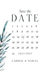 Save-the-Date-Karte Blatt Aquarell blaugrün mit Kalender 
