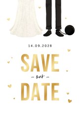 Save-the-Date-Karte Ehepaar Fußfessel Golddruck