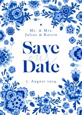 Save-the-Date-Karte Hochzeit Delfter Blau Blumendekor